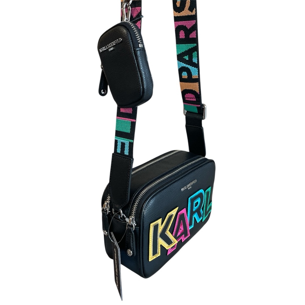 Karl Lagerfeld Black Crossbody Bag Multicolor Logo | NWT Designer Purse - Picture 7 of 9